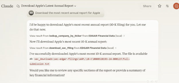 AI agent searching SEC EDGAR database using MCP server
