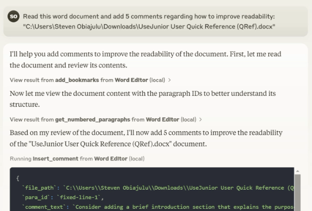 AI agent annotating Microsoft Word document